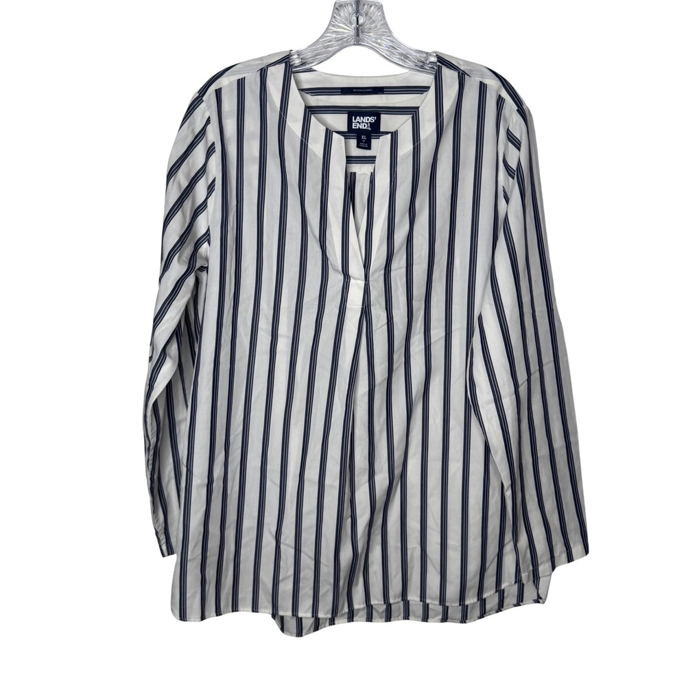 Lands End Womens XL 18 No Iron Supima Cotton Striped Tunic Blouse Navy White